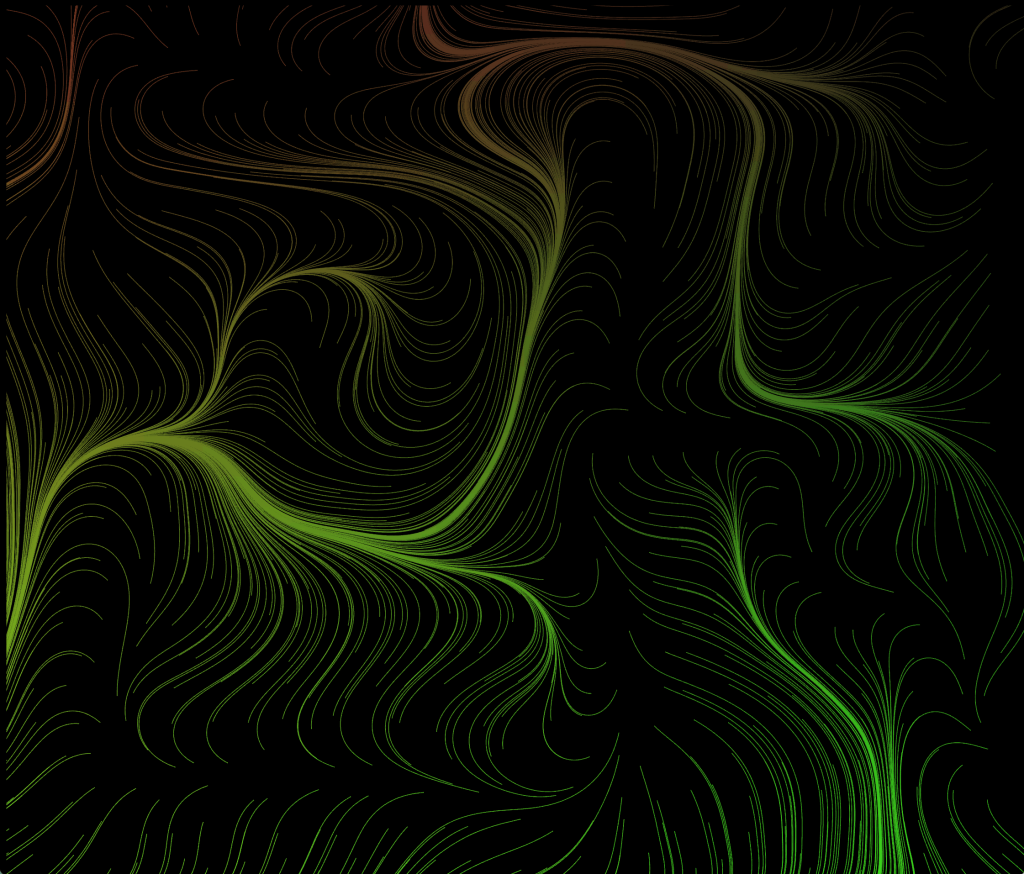 Fully formed flow field in shades of green and yellow on black background.